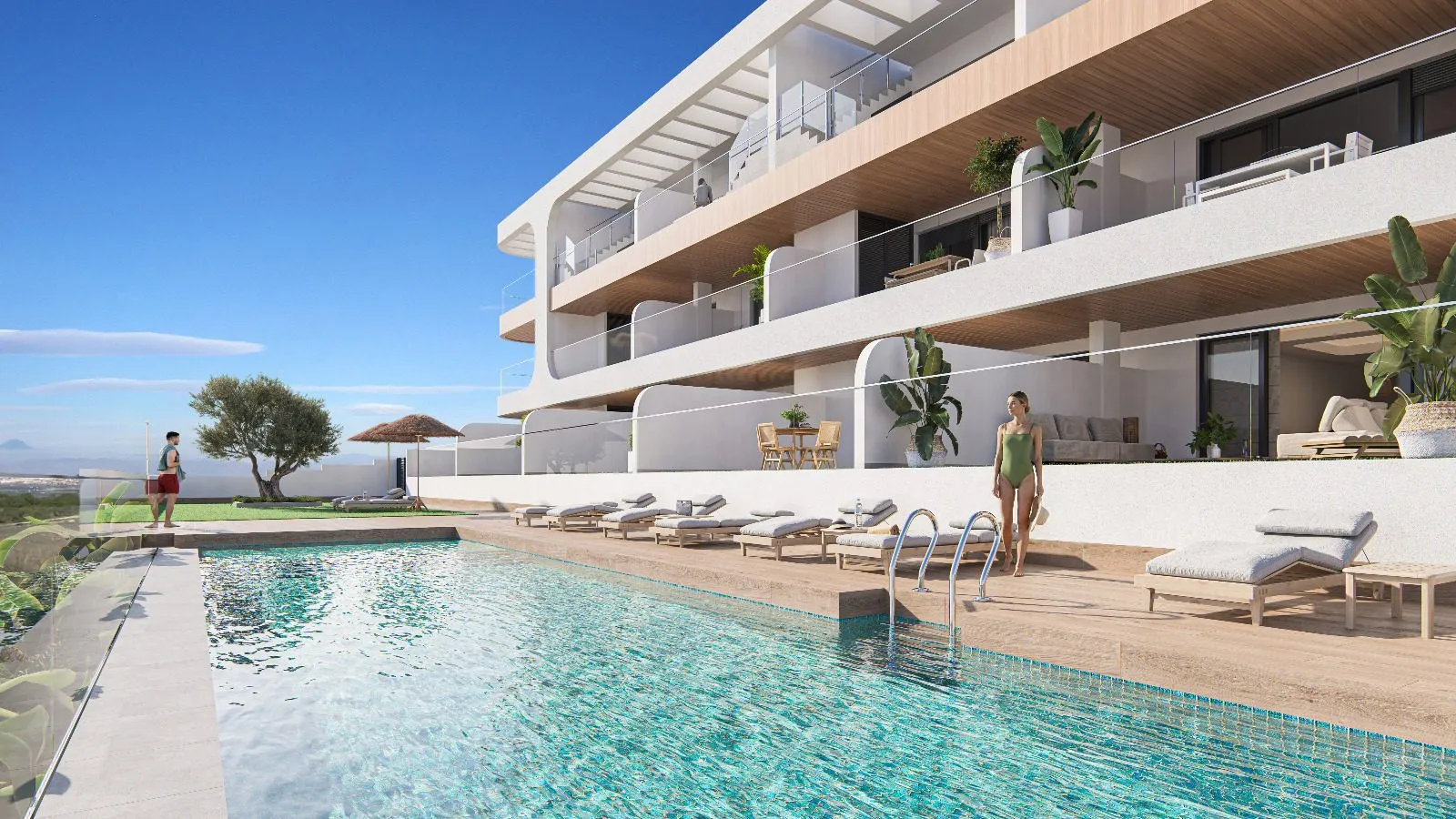 Render of the community pool with sun loungers on a wooden deck, in front of the ground-floor terraces and the balconies above