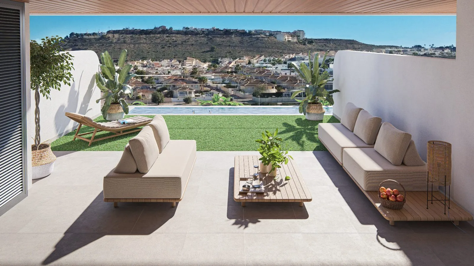 Render of a covered ground-floor terrace with outdoor sofas and a coffee table, a lawn and the pool beyond, and a hillside with houses in the distance