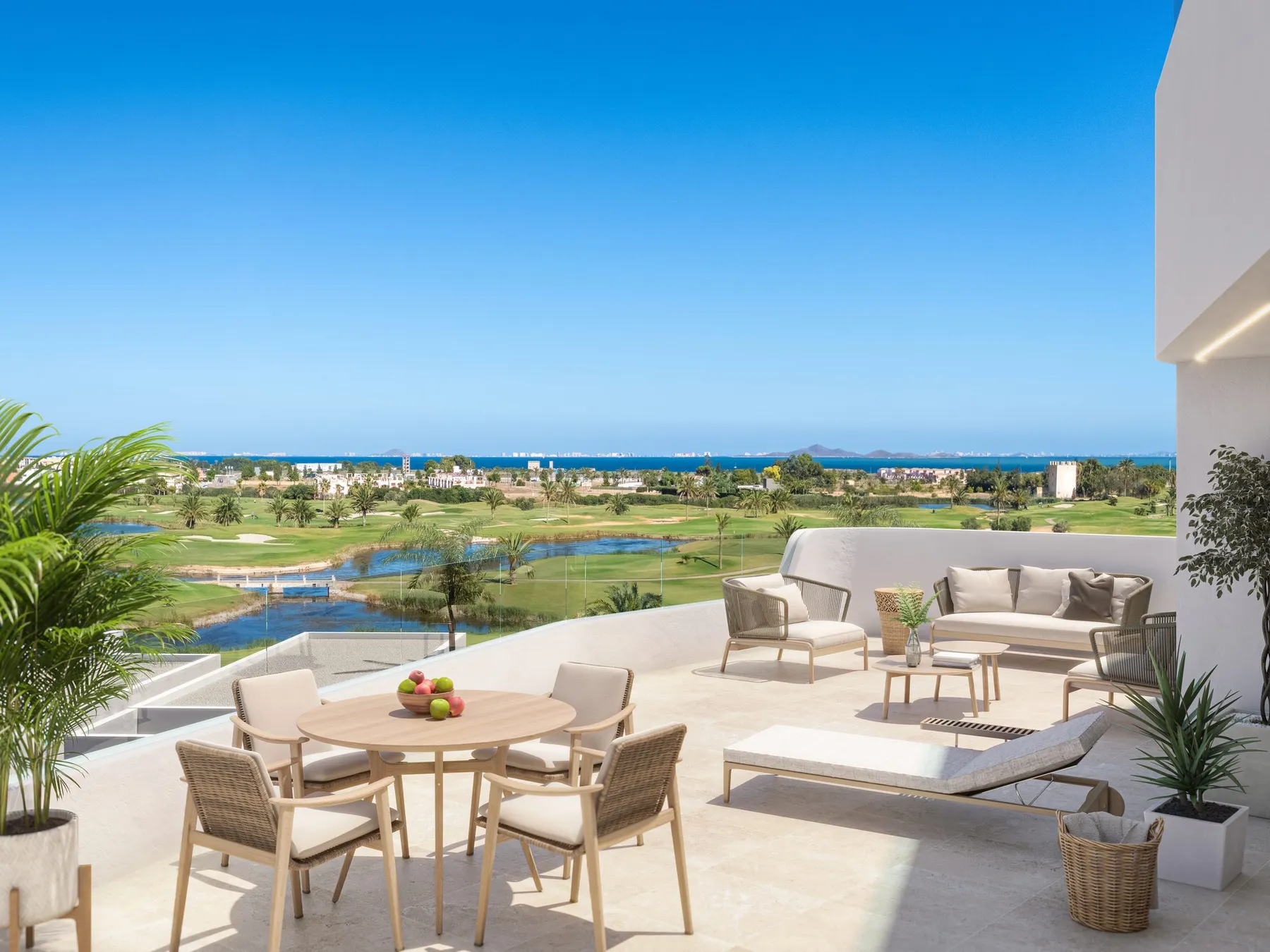 Render of a top-floor terrace with outdoor dining and views over the golf course to the Mar Menor