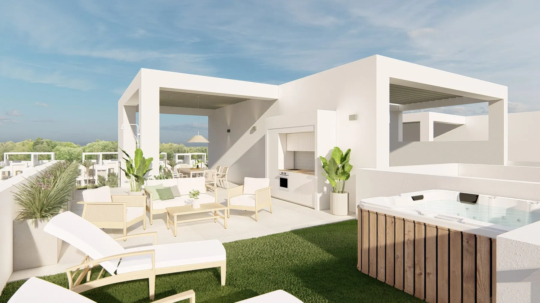 Render del solárium privado de un ático con jacuzzi y cocina exterior