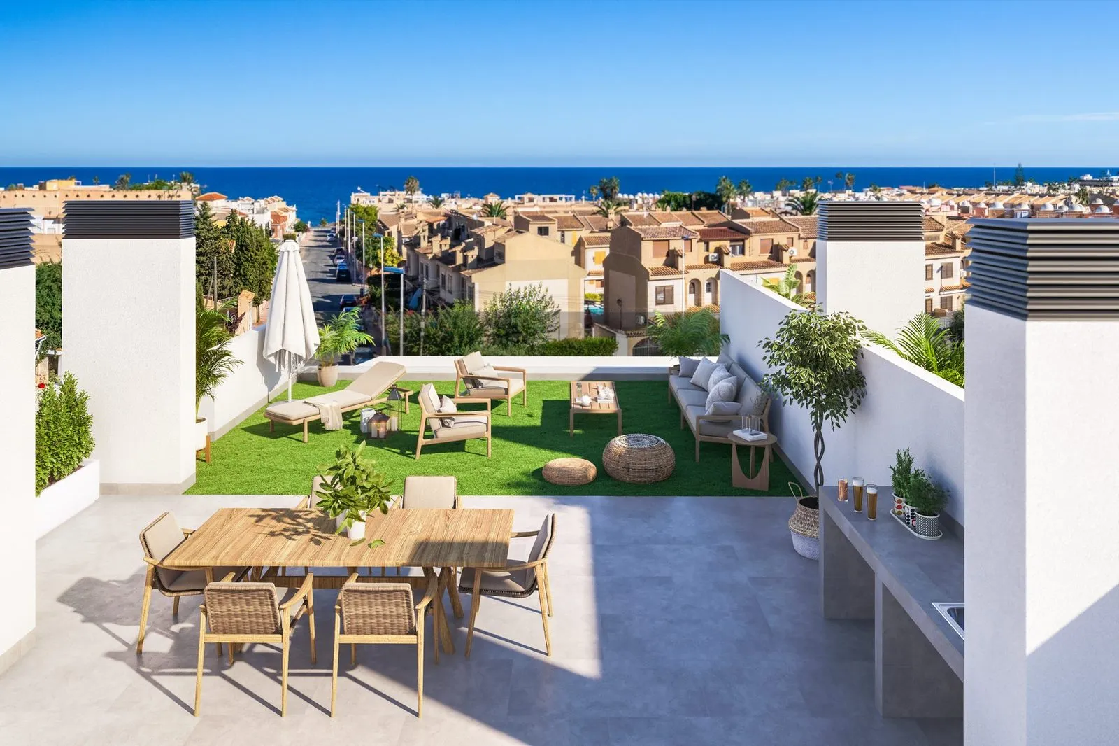 Render of a private rooftop solarium, with a dining table, a chill-out area on artificial grass, an outdoor sink and sea views