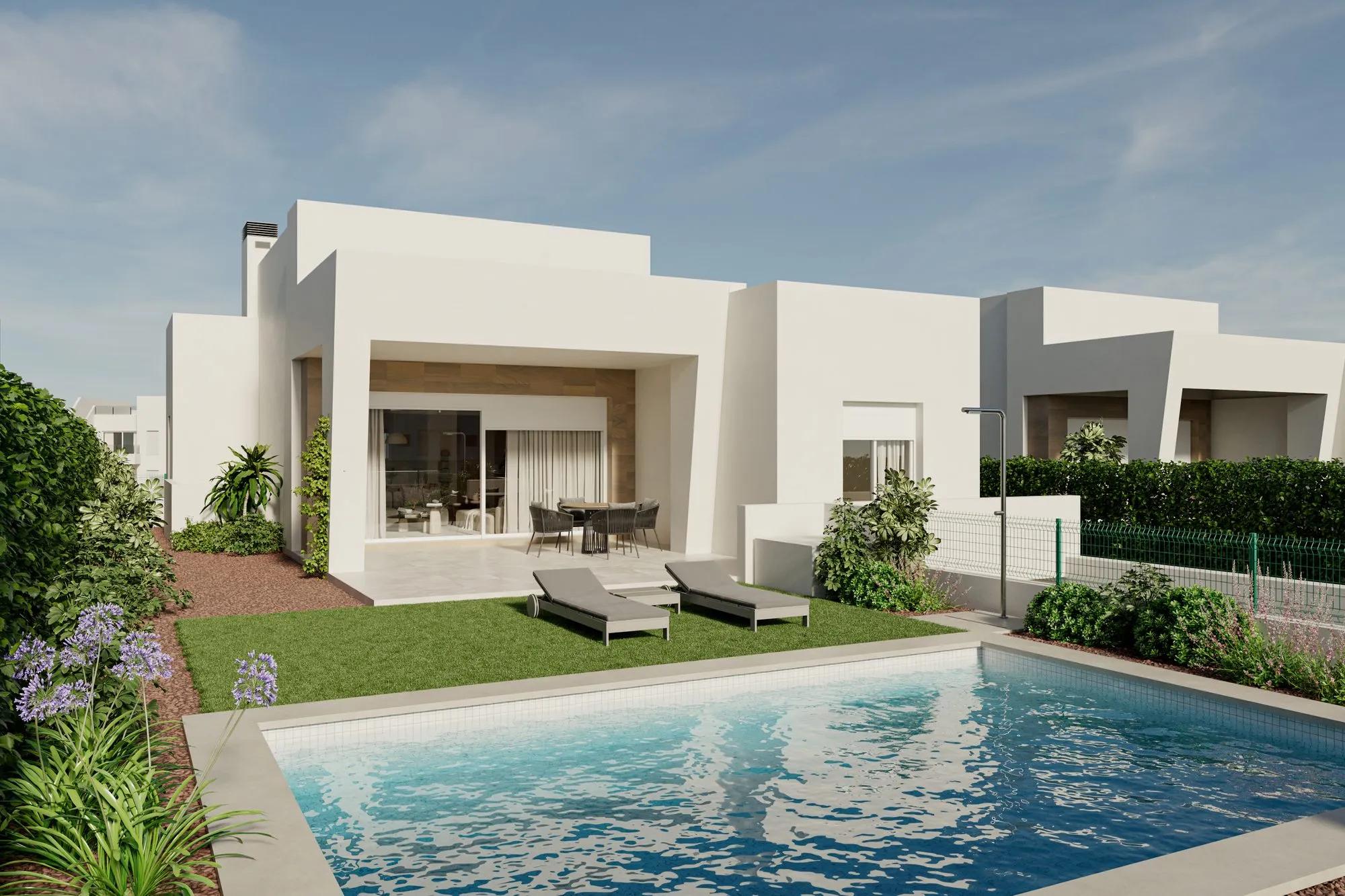 Render of a single-storey SYROS villa: a private pool, a lawn with sun loungers and a covered porch with outdoor dining