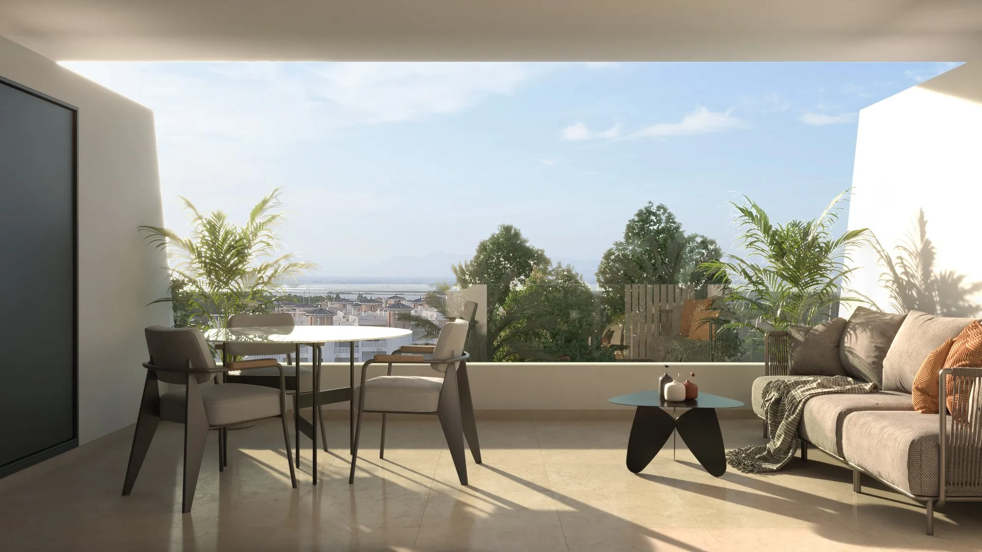 Render of a covered terrace with a dining table, chairs, an outdoor sofa and a view over the trees