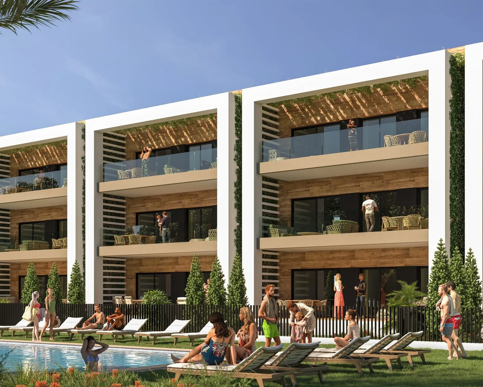 Render of a block’s glass-balustraded terraces, with the ground-floor gardens and the pool with bathers in front