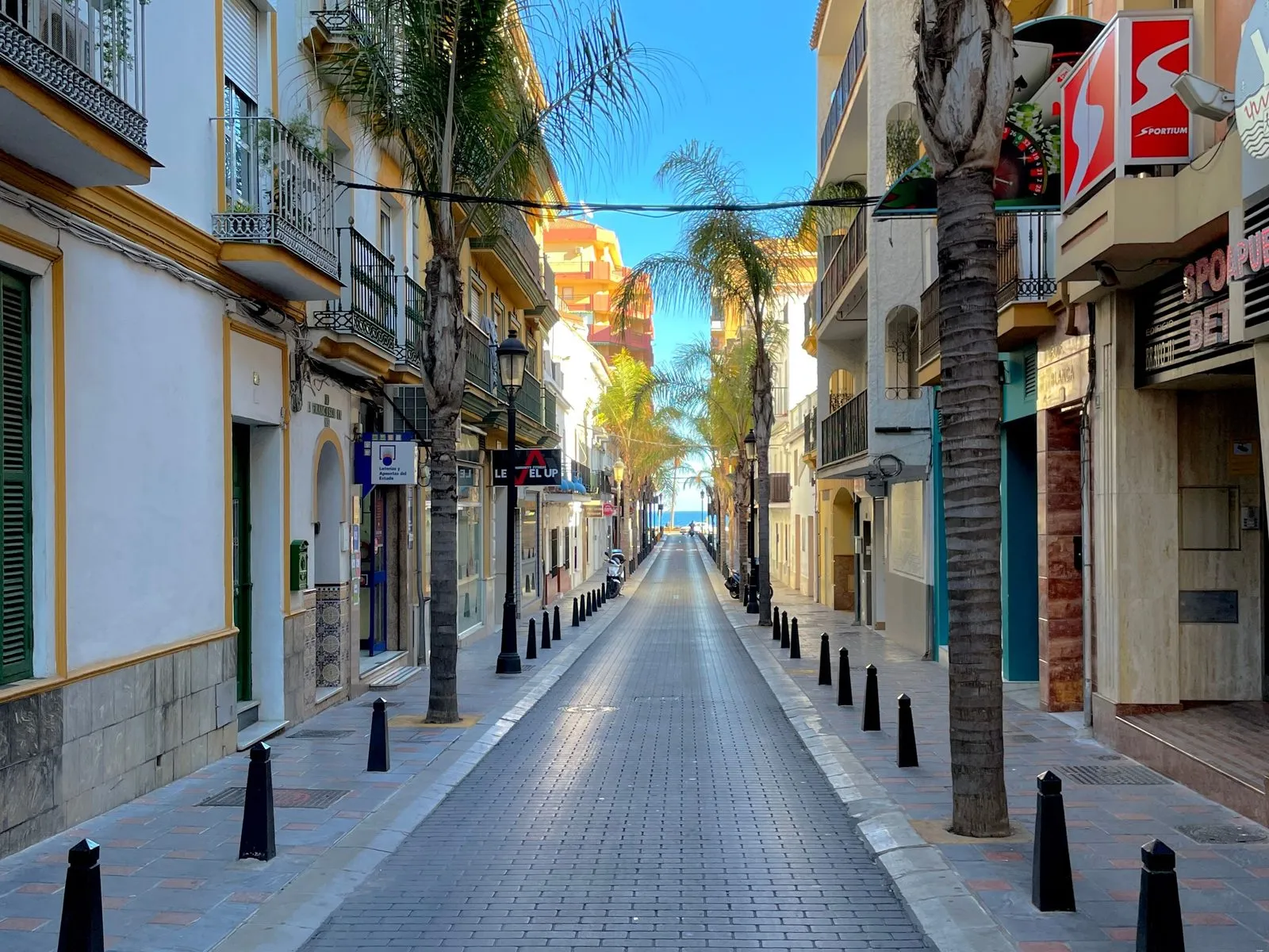 A pedestrian shopping street in Torrevieja lined with palm trees, with the sea at the end