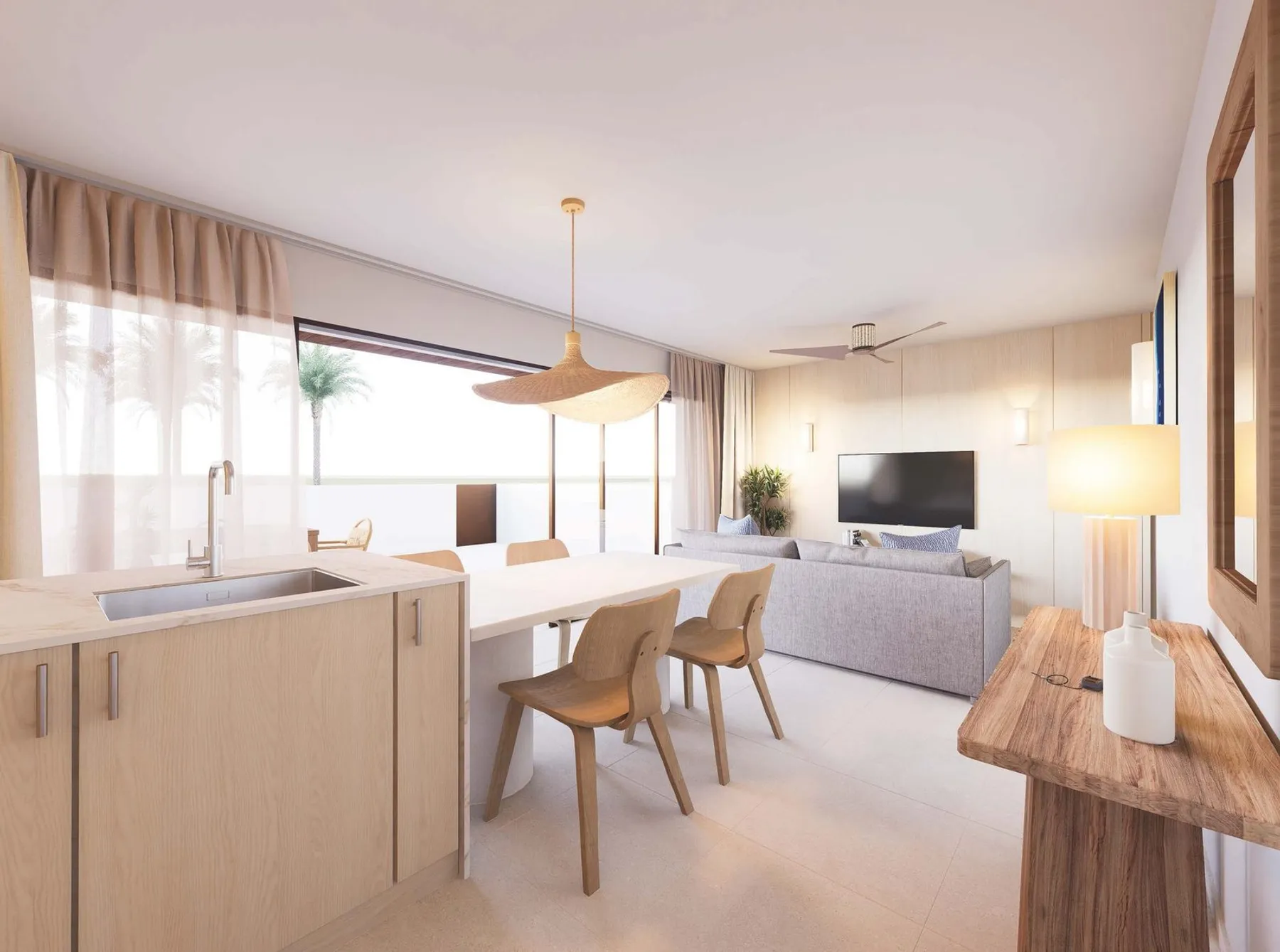 Render of a villa interior: a kitchen with a marble-effect island, a dining table and a living area with sofa and TV by the glass doors
