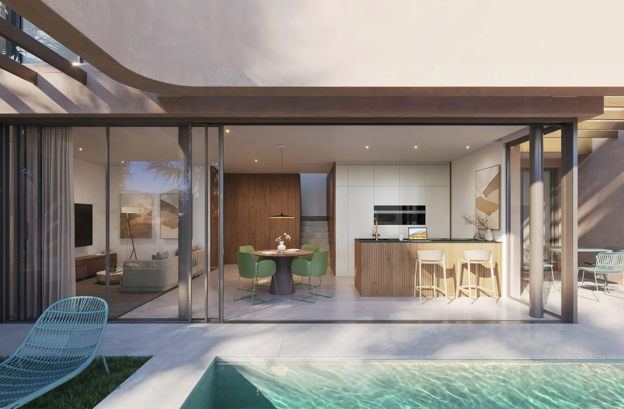 Render from a villa’s private pool into the open-plan living room and kitchen through large glass sliding doors, with a turquoise lounge chair