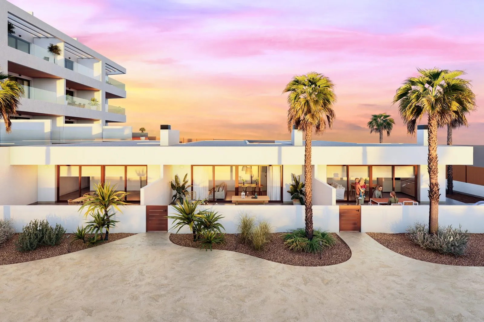 Render at sunset of the single-storey villas, with their terraces and timber gates, among palm trees and planted beds, and the apartment building on the left