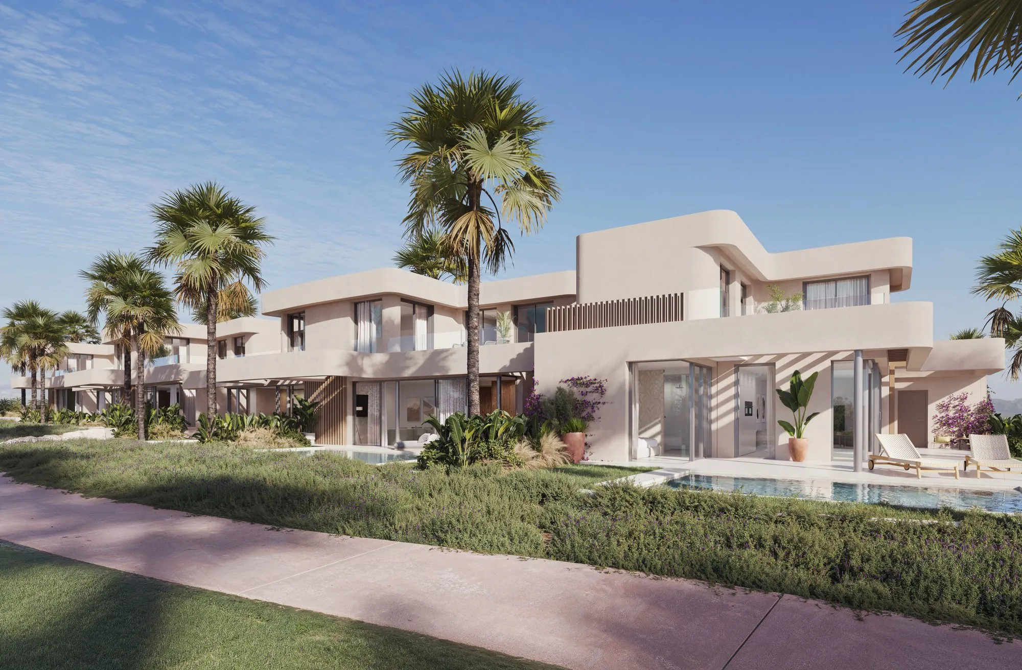 Render of the two-storey, flat-roofed Six Nature villas among palm trees beside a golf course path, with their private pools in the gardens
