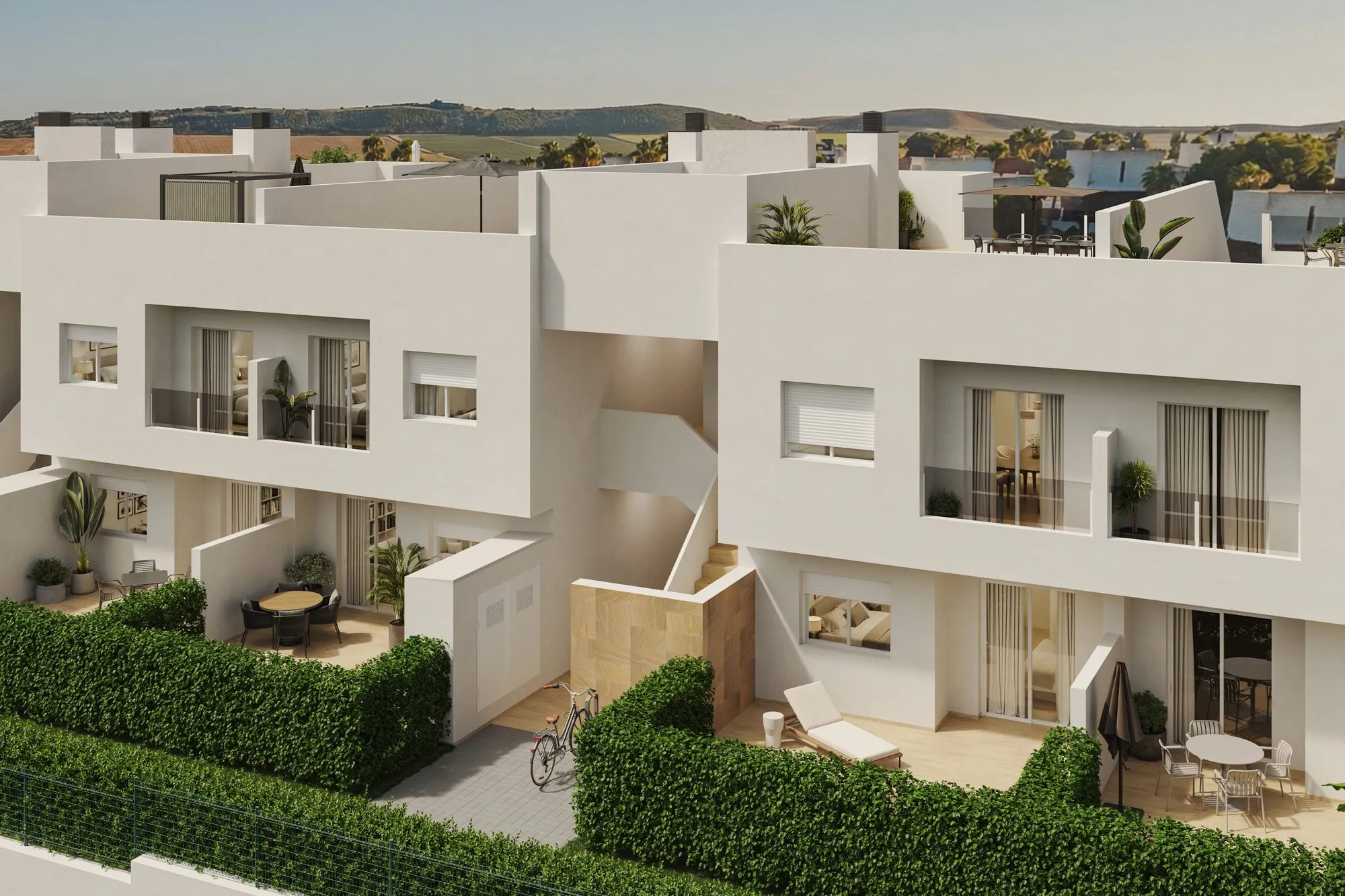 Render of the ZANTE building: ground-floor gardens enclosed by hedges, terraces with dining tables and top-floor balconies
